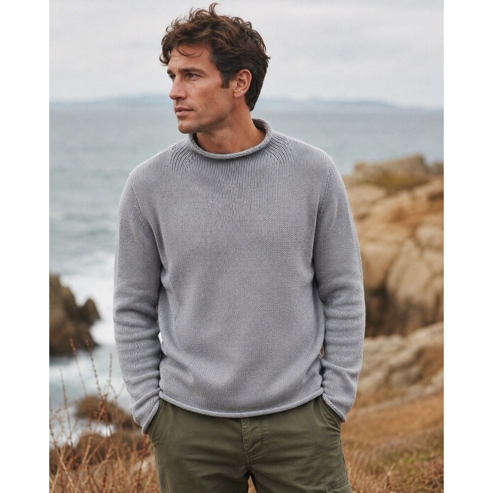 vtg y2k J CREW roll neck collar chunky knit cotton fisherman sweater MEDIUM Gray